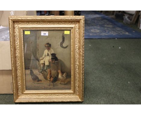 A Victorian coloured lithograph of a boy and chickens, gilt framed. 32 cm x 24.5 cm. CONDITION REPORT: Some slight deteriorat