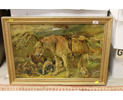 A Victorian coloured lithograph, after Glinks, hunting scene, framed. 40 cm x 61 cm. CONDITION REPORT: Some cracking, discolo
