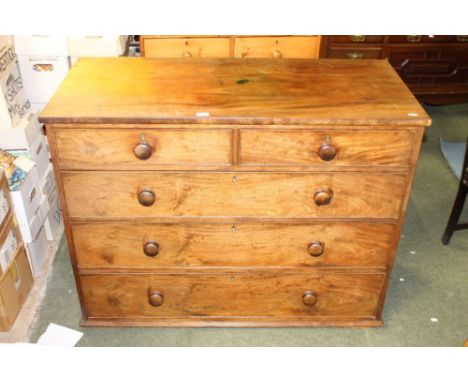 A George III figured mahogany chest of drawers, fitted two short and three long drawers on moulded plinth base, 118 cm wide x