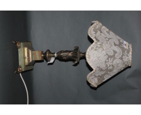 A cast gilt metal and green onyx table lamp, with foliate patterned shade, 48 cm. CONDITION REPORT: Some deterioration to the