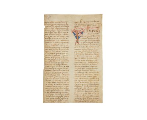 Ɵ Leaf from a large Passional, with an early white-vine initial, in Latin, decorated manuscript on parchment[Italy, first hal