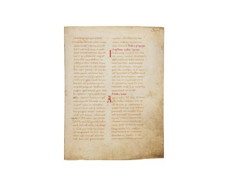 Ɵ Bifolium from a Homiliary, with part of Bede's Homily 1:19, in Latin, decorated manuscript on parchment[Italy, late elevent