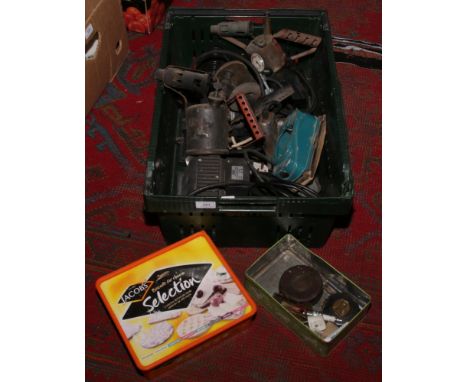 A box of vintage blow lamp screw drivers and two halogen flood lamps etc.