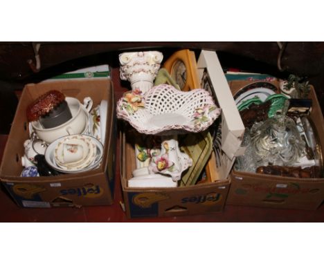 Three boxes of miscellaneous to include Royal Worcester Evesham, Capodimonte, carnival glass, Royal Doulton etc.