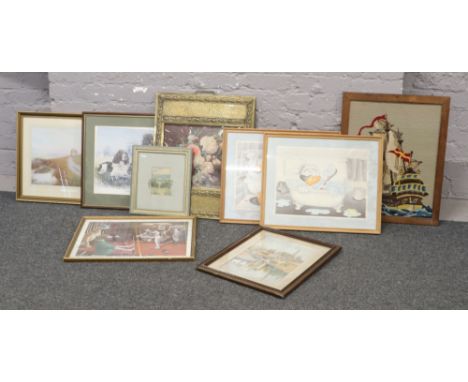A collection of pictures, prints and a woolwork, along with a framed watercolour and a brass fire screen for repair.