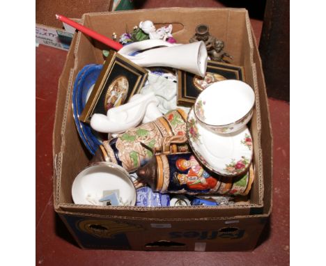 A box of miscellaneous ceramics to include Royal Albert Old Country roses, Goebel wall plaques, musical tankards, Allure figu