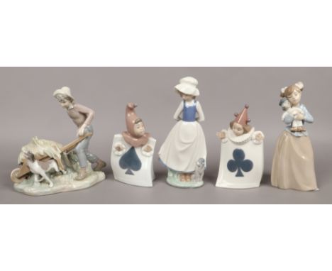 A Lladro figurine of a farmer and dog, along with four Nao figurines to include girl holder toy clown example etc.Condition r