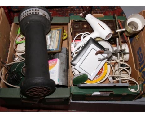 Two boxes of miscellaneous to include Wedgwood bizarre, Denby Dale plates, heater, lab lamp etc.