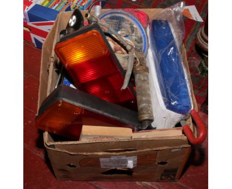 A box of miscellaneous automobile and cycle parts along with a dummy alarm box , Dirt Devil vacuum etc.