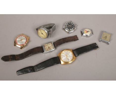 Seven wristwatches and watch heads including Sekonda, Fortress, Timex.