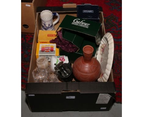 A box of miscellaneous including boxed Kodak Instamatic camera, Poole, Delft, boxed Stuart Crystal etc.