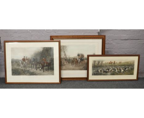After Henry Alken Heywood Hardy and E.A.J Douglas, three framed lithograph prints hunting and coaching scenes.