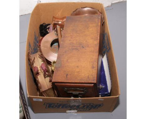 A box of metalwares and wooden items including copper kettle, enamel chamber sticks and copper jardiniere etc.