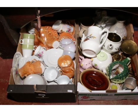 Two boxes of miscellaneous including vintage American Fire-King tea service, Denby, pewter tankard, stoneware, brass ornament