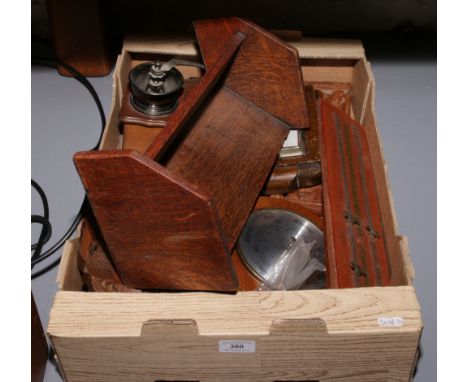 A box of wooden items including an oak book trough, barometers, coffee grinder, billiards scoreboard etc.