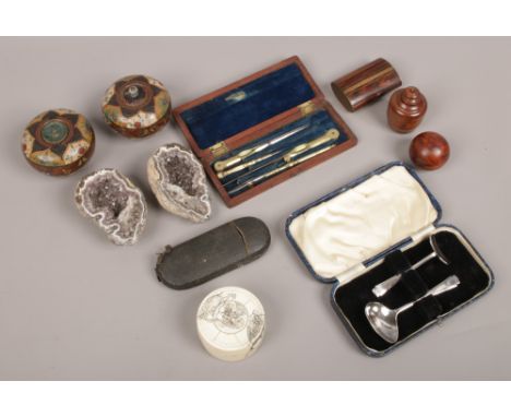 A box of collectables including an early 20th century mahogany cased drawing set, a mineral geode, a pair of antique cloisonn