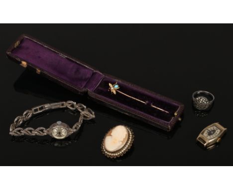 A mixed lot of jewellery including cased stick pin, two ladies watches including marcasite cocktail watch, cameo brooch and a