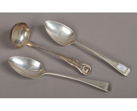 Two George III silver dessert spoons by Christopher &amp; Thomas Wilkes Barker, assayed London 1801, along with a William IV 