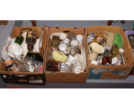 Three boxes of miscellaneous ceramics, glass and metalwares to include Arthur Woods, Poole, Royal Albert and Sylvac etc.
