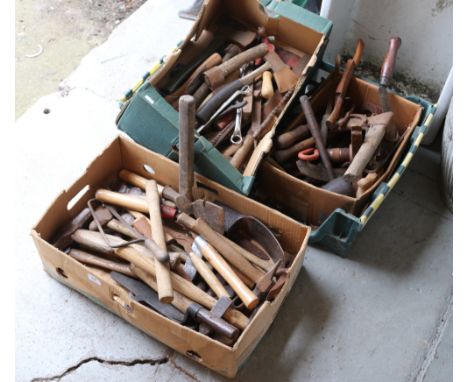 Two boxes of hatchets, hammers and hand tools.