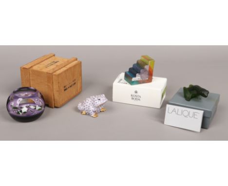 A boxed William Manson glass paperweight commemorating H. M. Queen Elizabeth The Queen Mother, along with a boxed Lalique gre