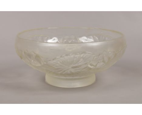 An Art Deco opaline glass bowl in Lalique style moulded with lily's.&nbsp;