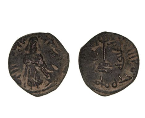 Arab-Byzantine, ‘Abd al-Malik b. Marwan, fals, unread mint, standing caliph, rev., modified cross-on-steps with wafin to left