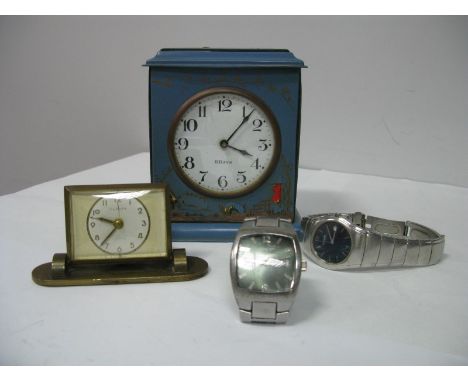 Europa; An Art Deco Bedside Clock, together with an 8-day mantel clock, within Chinese style blue case, and two wristwatches.