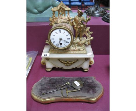 French XIX Century Metal and Alabaster Mantle Clock, with black Roman numerals to white enamel dial, stamped 377 52 to back p