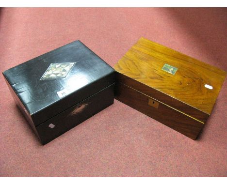 A Victorian Ebonised Jewellery Box/Work Box, the hinged lid with mirrored interior, the outer decorated with mother of pearl 