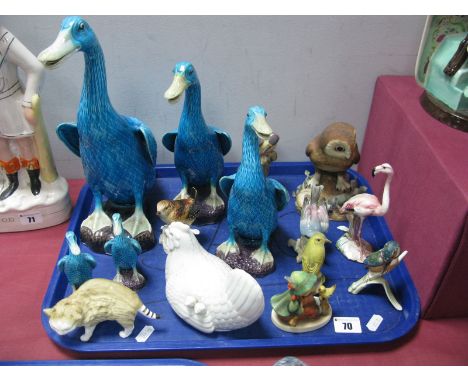 Royal Worcester 'Wood Warbler' 3200 and 'Pied Woodpeckers 3363', Goebel 'Kingfisher' and Boy with Bird figure, other model bi