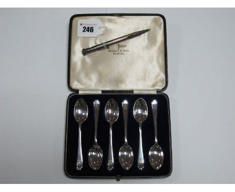A Set of Six Hallmarked Silver Teaspoons, initialled in fitted case; together with an engine turned pencil stamped "925". 