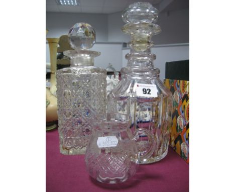 XIX Century Mallet Decanter, with ring turned neck, another hobnail cut and jug. (3) 
