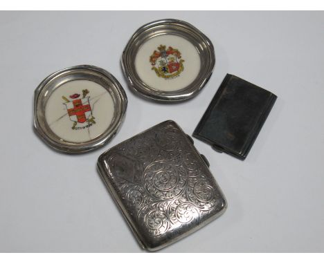 Two Hallmarked Silver Mounted Carlton China Crested Pin Dishes, together with a match book case and a hallmarked silver cigar