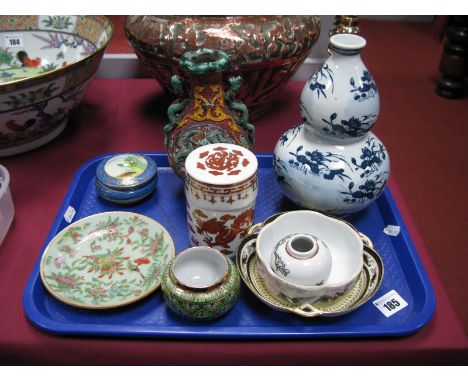 A Chinese Blue and White Bottle Vase, together with a lidded jar, trinket pot and dishes etc:- One Tray 