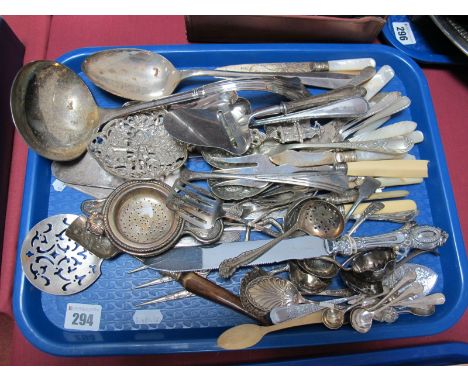 EPNS Ladle and Serving Spoons, further spoons, mother of pearl handled knives and pickle forks etc:- One Tray 