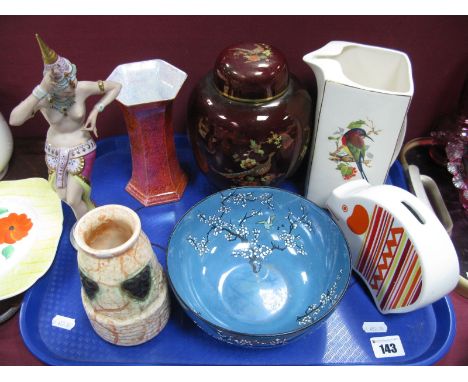 Carlton Ware Rouge Royale Ginger Jar, lustre bowl, teapot and pig money box, Wilton Ware orange lustre spill vase, Dresden fi