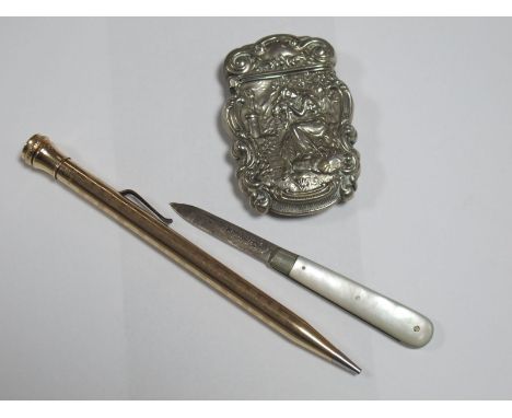 Mother of Pearl Handled Fruit Knife, with hallmarked silver blade, embossed vesta case stamped 'Sterling', 'Eversharp' propel