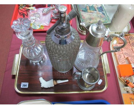 A Victorian Silver Plated  Etched Claret Jug, a c.1930's wired bodied soda syphon, Georgian glass decanter etc:- One Tray