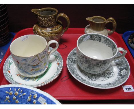 Two XIX Century Saltglazed Stoneware Jugs, one with greyhound handle; together with two "God Speed The Plough" large cups and