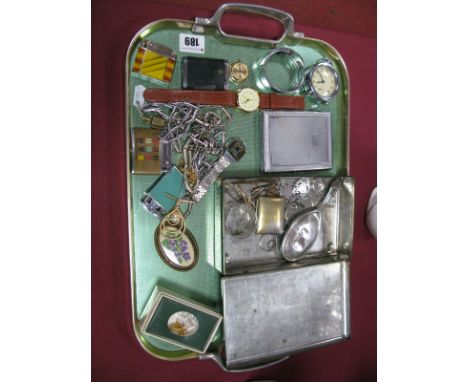Two Early XX Century Silver Medals, bangle, pendant and small silver backed hand mirror, G King super lighter, Ronson lighter