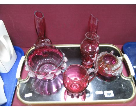 A Pair of Cranberry Glass Spill Vases, each with applied clear glass pineapple and loop handle, Mary Gregory type vase, cranb