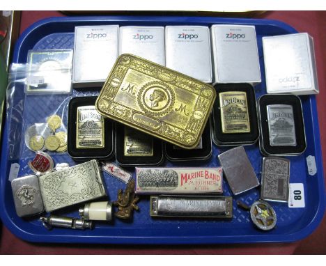 Jim Beam Zippo Lighters, Christmas tin 1914, Clarks "Lucky-Two-Shoe-Club" badge, Hohner Marine Band harmonica, Acme Guide whi