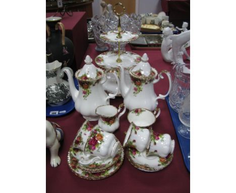Royal Albert "Country Roses" Part Tea-Coffee Service, three tier cake stand, coffee pot, teacups, saucers. (Twenty-one pieces