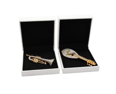 Swarovski Crystal Musical Instrument Brooches inc. Mandolin, Trumpet. Mandolin brooch measures approx. 9.7 x 3.2cm. Some ston