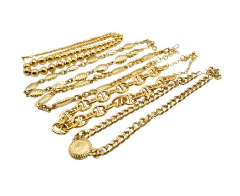 Collection of gold plated 1980s Monet necklaces inc. anchor link, graduated. There are a variety of sizes. All clasps in good