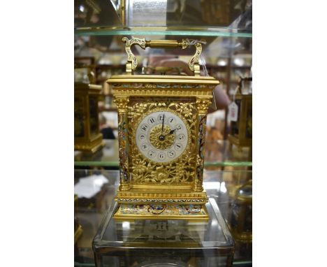 A good and large gilt brass and champleve enamel carriage clock,&nbsp;by E Maurice &amp; Co, with push button repeat, strikin