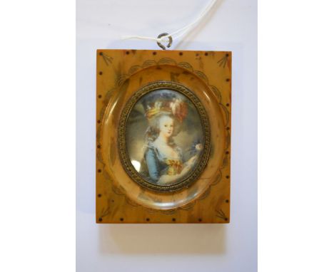 A half-length portrait miniature of a French lady,&nbsp;45 x 3.7cm, in a simulated tortoiseshell frame.