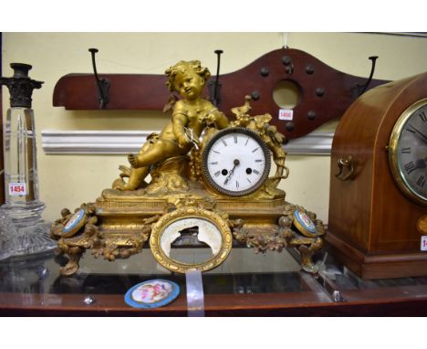 A late 19th century ormolu and Sevres style mounted figural mantel clock,&nbsp;46cm wide. 