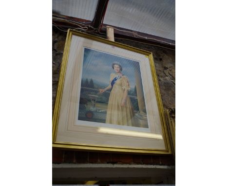 Mara McGregor,&nbsp;standing three quarter length portrait of Queen Elizabeth II, signed in pencil, colour print, I.50.5 x 41